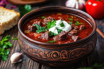 Wall Mural - Hearty homemade beef goulash with sour cream in rustic bowl