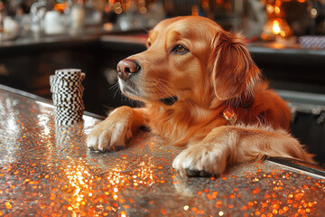 Animal Dog plays poker blackjack in a casino, fantasy