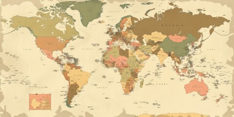 Wall Mural - a map of the world with a vintage look. the map is drawn in a sepia tone and features a variety of c