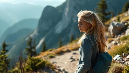 A stunning blonde beautiful woman standing on a mountain hill