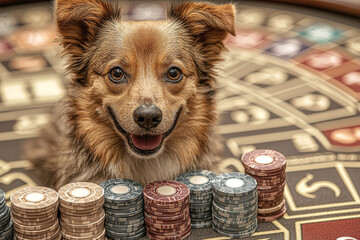 Animal Dog plays poker blackjack in a casino, fantasy