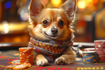 Animal Dog plays poker blackjack in a casino, fantasy