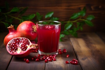 Wall Mural - Pomegranate juice with fresh fruits on wooden table