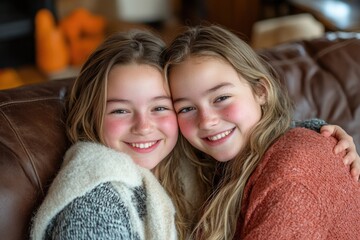 two teenage sisters share a loving moment while sitting comfortably together