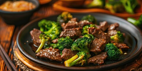 Wall Mural - Freshly prepared beef and broccoli in oyster sauce