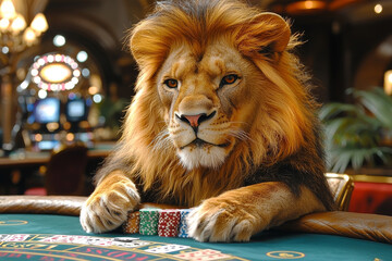 Animal Lion plays poker blackjack in a casino, fantasy