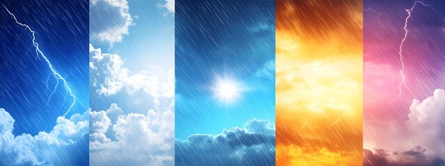 Different weather background banners, sky with sun and clouds, thunderstorm and rain, fire on the bottom, dark clouds, vertical layout