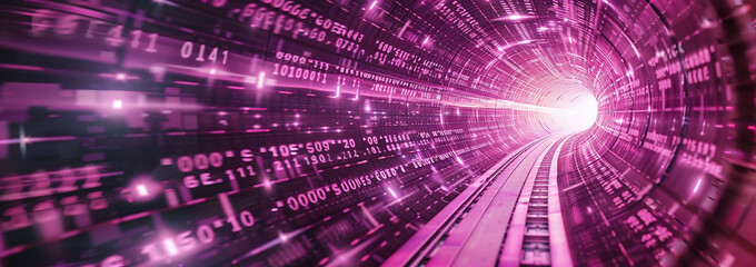 Futuristic Data Tunnel with Glowing Pink Digital Code