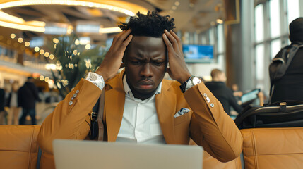 Poster - A young black man in professional attire is sitting in an airport lounge. He holds his head with both hands and looking distressed as he works on his laptop amidst the bustling environment. 