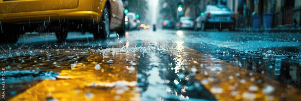 Rainy day in the bustling city Parked cars on a deserted street Close ...