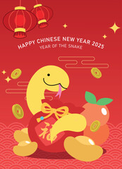 Wall Mural - Cute chinese new year snake with luck money bag. Happy chinese new year 2025 of the snake greeting card vector illustration with coins and chinese lanterns.  Chinese text translation: 