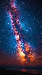 Poster - vibrant milky way arching over a tranquil lake at night, creating a stunning celestial landscape.