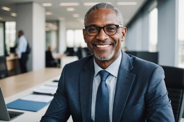 Wall Mural - Portrait of Mature black businessman wearing eyeglasses smiling in office