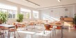 © Aksana - Sunny classroom with modern furniture, empty desks and chairs, green plants by the windows, educational environment concept