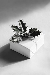 Wall Mural - minimalist, elegant, white gift box, decorated with holly leaves and berries on a light background, 