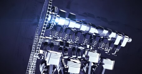 Leinwandbilder - V8 Car Engine 3D Animation. Engine Parts In Motion. Shiny Metals. Industry Related High Quality 3D 4K Animation.