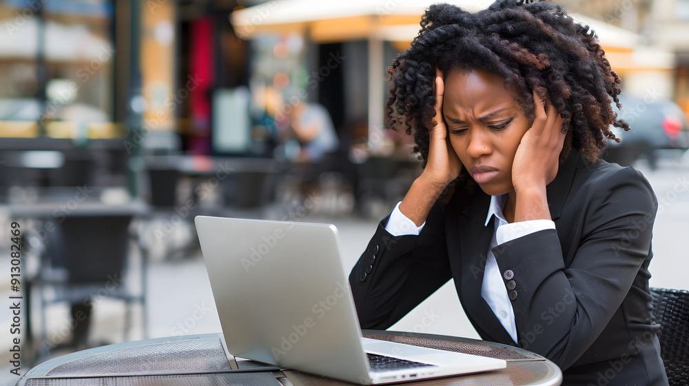 A young black woman in professional attire is sitting at a café table ...
