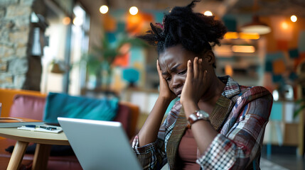 Wall Mural - A young black woman in professional attire is sitting in a stylish coworking space. She holds her head with both hands and looking distressed while reviewing financial charts on her tablet. 