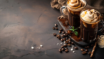 Wall Mural - Ice coffee with vanilla ice cream, copy space