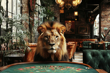 Animal Lion plays poker blackjack in a casino, fantasy