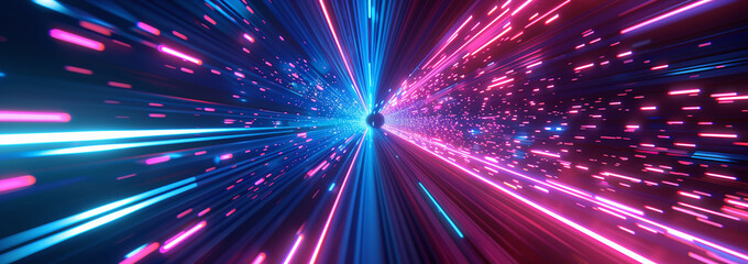 Wall Mural - Neon Blue and Pink Data Tunnel with Vibrant Light Trails and Cyber Patterns