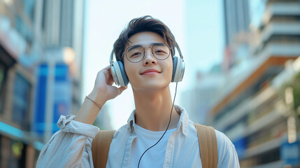 copy space, stockphoto, cool gen z asian hipster guy, city background, wearing shirt and headphones. Happy young man, outdoor walking in the city. Attractive asian guy.