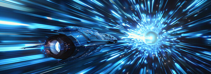 Wall Mural - Futuristic Spaceship Traveling Through High-Speed Blue Light Tunnel