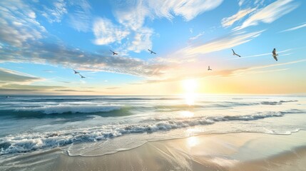 Canvas Print - Serene Coastal Sunrise With Flying Seagulls