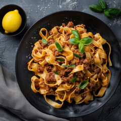 Poster - Fettuccine Pasta with Bolognese Sauce and Basil Garnish