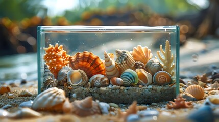 A small aquarium with a variety of shells and coral