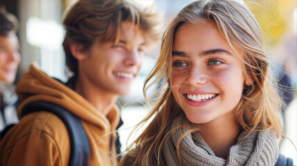 Wall Mural - A young woman with long blonde hair smiles as she walks with friends in the city