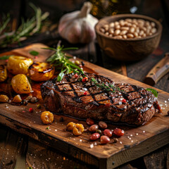 Wall Mural - Grilled Steak with Potatoes, Rosemary, and Spices on a Wooden Cutting Board