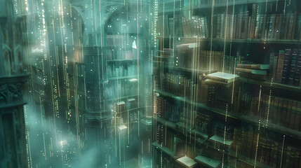 Wall Mural - Ancient library with floating book avatars connected by shimmering ribbons of text 