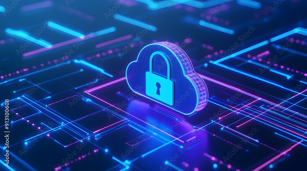 Digital cloud computing security with a glowing lock icon on a ...