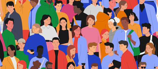 Crowd of multiracial people. Seamless pattern of multiethnic men and women. Students or young people. Vector illustration