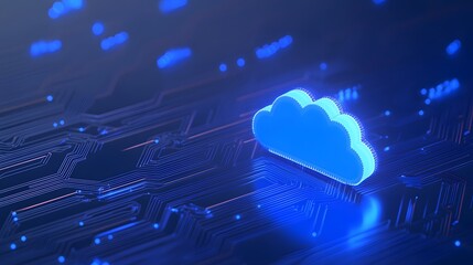 Digital cloud technology concept showing a glowing cloud icon on a circuit board representing data storage, networking, and cloud computing.