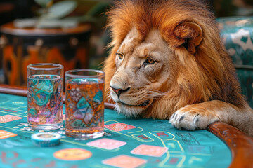 Animal Lion plays poker blackjack in a casino, fantasy