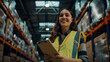 © GraysonStock - A young woman in a safety vest stands holding a board noting work observations in a warehouse.