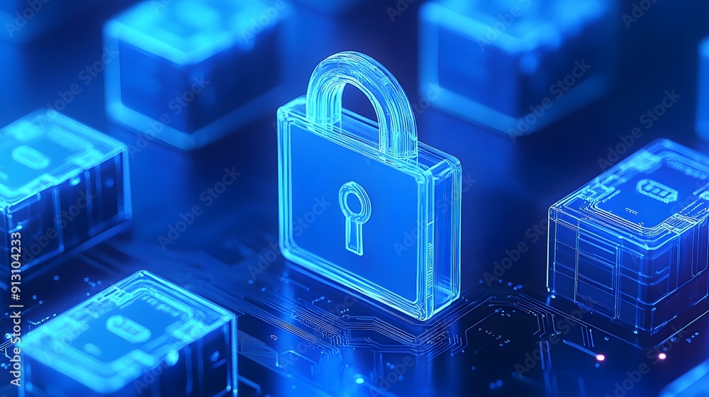 Digital lock illustration symbolizing cybersecurity in a network. Blue ...