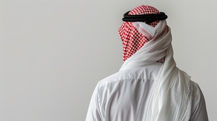 close up of a gulf arab man seen from behind on a white background