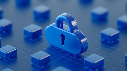 Digital secure cloud storage concept depicting a blue padlock surrounded by cubes representing data. Ideal for cybersecurity and technology themes.