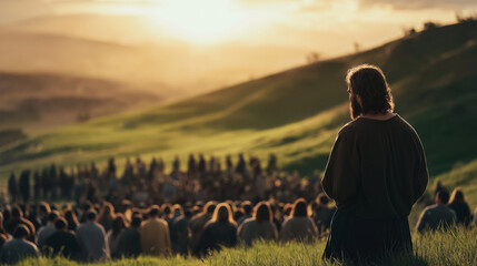 Wall Mural - Jesus standing on a lush green hill, surrounded by a crowd of followers, teaching with compassion and wisdom