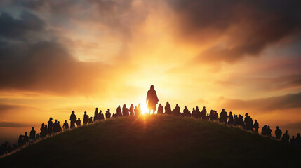 Wall Mural - Jesus standing on a hill, with a radiant halo around his head, blessing the people below