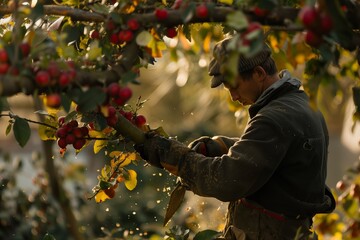 Sticker - Man Carefully Harvesting Ripe Apples in a Lush Orchard During Golden Hour in Autumn