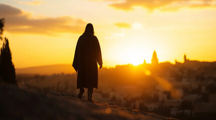 Wall Mural - Jesus standing on a hill, with the city of Jerusalem in the distance, signifying his journey and sacrifice