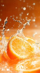 Wall Mural - A few orange slices and water splashes in the air against an orange background with an orange and white color scheme, captured with high resolution photography