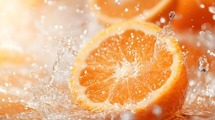 Wall Mural - A few orange slices and water splashes in the air against an orange background with an orange and white color scheme, captured with high resolution photography