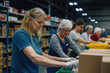 © Running opossum - Concentrated female volunteers wearing gloves and working in packaging line at food bank