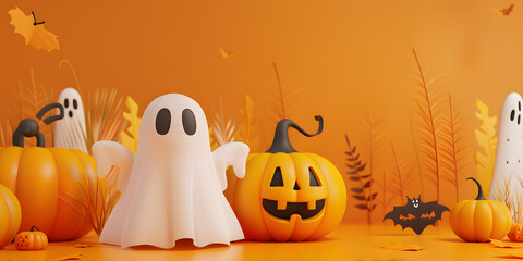 3d rendering, orange halloween background with ghosts, pumpkins, bats and autumn leaves frame. Copy space for text or design. Halloween party concept banner template.