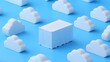 © Tackey - Minimalistic composition featuring a single blue container among white clouds on a bright blue background, representing cloud computing.